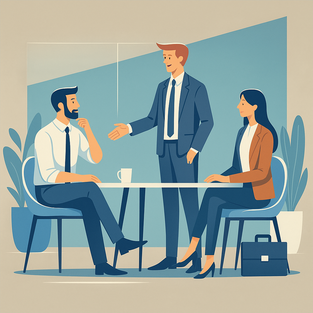 Professional Business Interview or Team Meeting Illustration of three business professionals in a formal meeting setting, with one standing and gesturing while two others sit at a table, symbolizing a job interview, team discussion, or onboarding process.