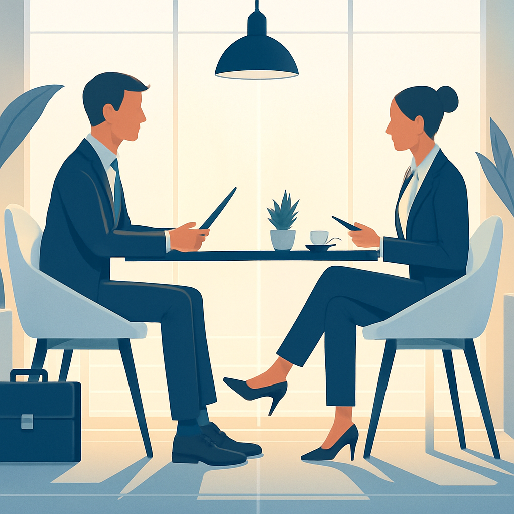Business Meeting in a Modern Office Between Two Professionals Two professionals in formal business attire discussing strategy at a modern office table using digital tablets