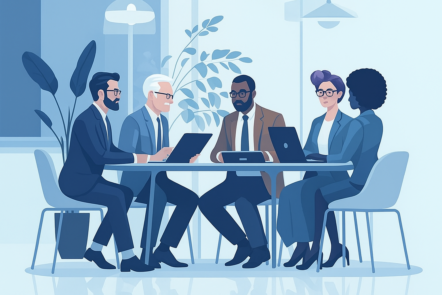 Diverse Professional Team in Business Strategy Meeting Illustration of a diverse group of business professionals sitting around a conference table with laptops and tablets, engaged in a corporate strategy or planning meeting in a modern office environment.