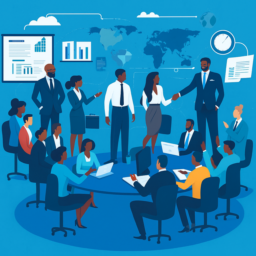Global Business Collaboration and Strategy Meeting Illustration of a diverse group of professionals in a global business meeting, seated and standing around a conference table with laptops and charts, shaking hands and discussing strategy, with world map and analytics visuals in the background.