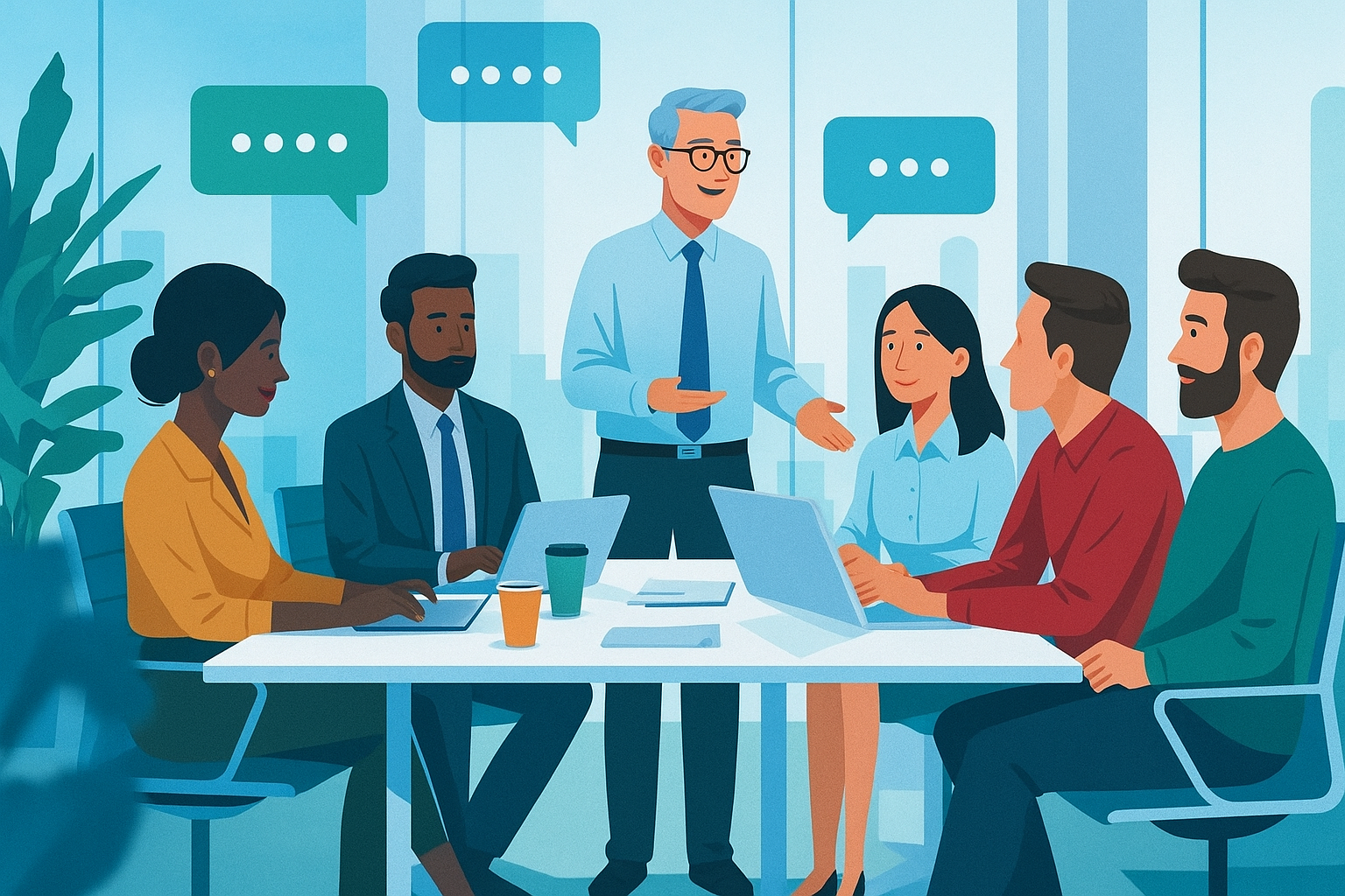Team Discussion Representing Newsletter and Organizational Updates Illustration of a diverse professional team in discussion around a table, symbolizing internal communication, news sharing, and newsletter updates within an organization.